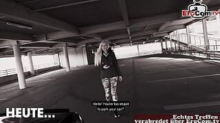 German blonde slut fucked in public parking garage in Berlin